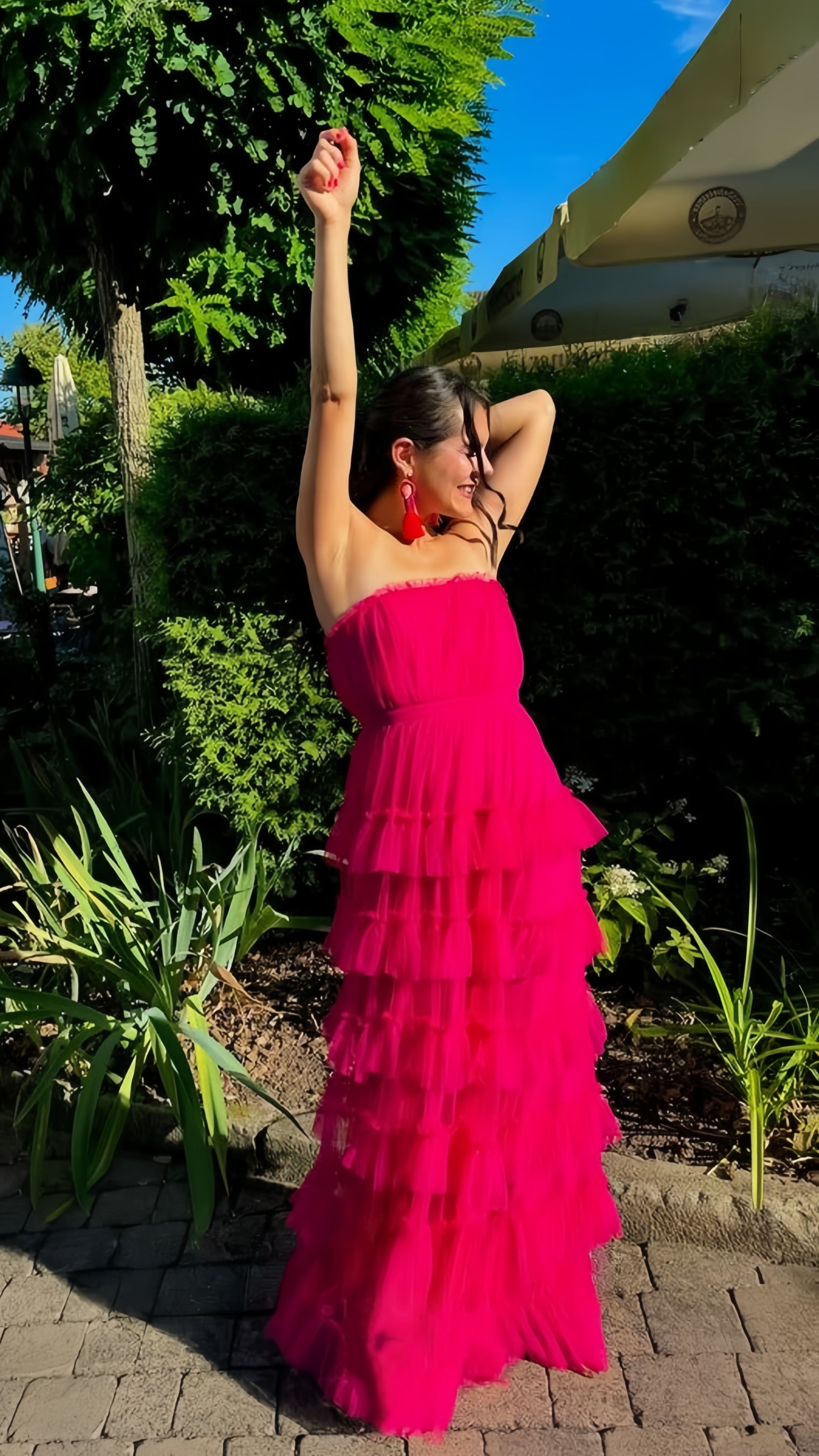 Fuchsia Strapless Tulle Ruffle Party Dress Floor Length Prom Dress, HZ0307