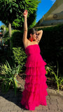 Fuchsia Strapless Tulle Ruffle Party Dress Floor Length Prom Dress, HZ0307