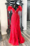 Fur Off the Shoulder Red Lace Mermaid Long Formal HZ0307