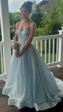 Glitter Light Blue A-Line Prom Dresses Empire-Waist Sleeveless Prom HZ0307