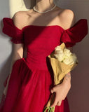 Glitter Red A-line Tulle Prom Dresses, Short Sleeves Birthday HZ0307