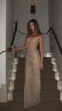 Glitter Champagne Sheath Prom Dress, Sexy See Through Party Dress, HZ0307