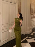 Gorgeous Mermaid High Neckline Green Satin Floral Date Night Dress Long Prom Dresses Birthday Outfits , HZ0307