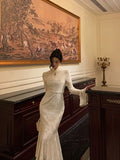 Gorgeous Mermaid High Neckline Ivory Satin Date Night Dress Prom Dresses Birthday Outfits , HZ0307