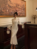 Gorgeous Mermaid High Neckline Ivory Satin Date Night Dress Prom Dresses Birthday Outfits , HZ0307