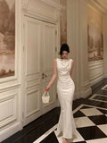 Gorgeous Mermaid Jewel Neckline White Satin Floral Date Night Dress Long Prom Dresses Birthday Outfits, HZ0307