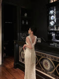 Gorgeous Mermaid Jewel Neckline White Satin Floral Date Night Dress Long Prom Dresses Birthday Outfits, HZ0307