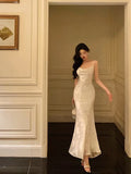 Gorgeous Mermaid Spaghetti Straps Ivory Satin Date Night Dress Prom Dresses Birthday Outfits , HZ0307