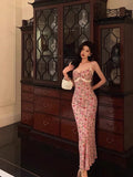 Gorgeous Mermaid Spaghetti Straps Pink Floral Date Night Dress Long Prom Dresses Birthday Outfits, HZ0307