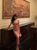 Gorgeous Sheath Square Neckline Long Sleeves Pink Lace Date Night Dress Long Prom Dresses Birthday Outfits, HZ0307