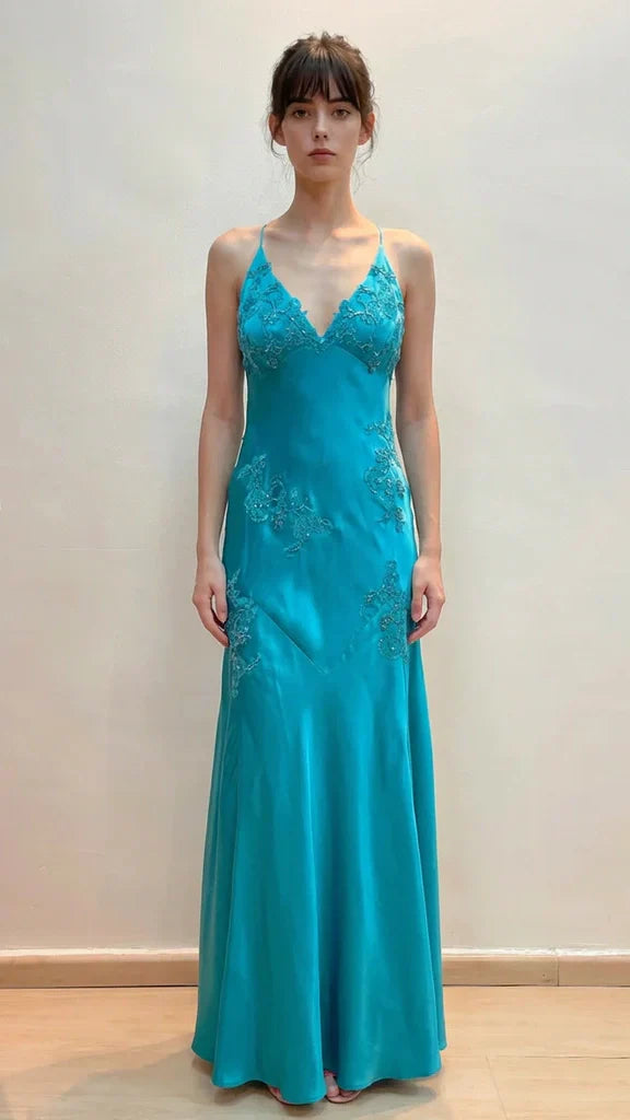 Green Mermaid V Neck Appliques Satin Open Back Long Prom Dress HZ0307