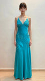 Green Mermaid V Neck Appliques Satin Open Back Long Prom Dress HZ0307