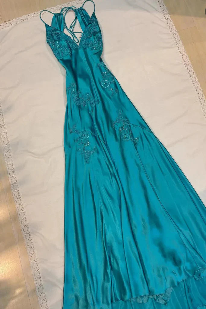 Green Mermaid V Neck Appliques Satin Open Back Long Prom Dress HZ0307