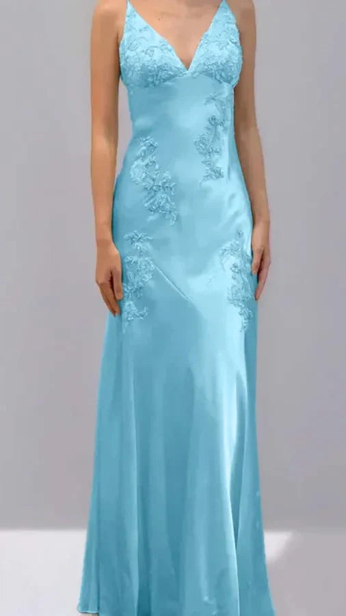 Green Mermaid V Neck Appliques Satin Open Back Long Prom Dress HZ0307