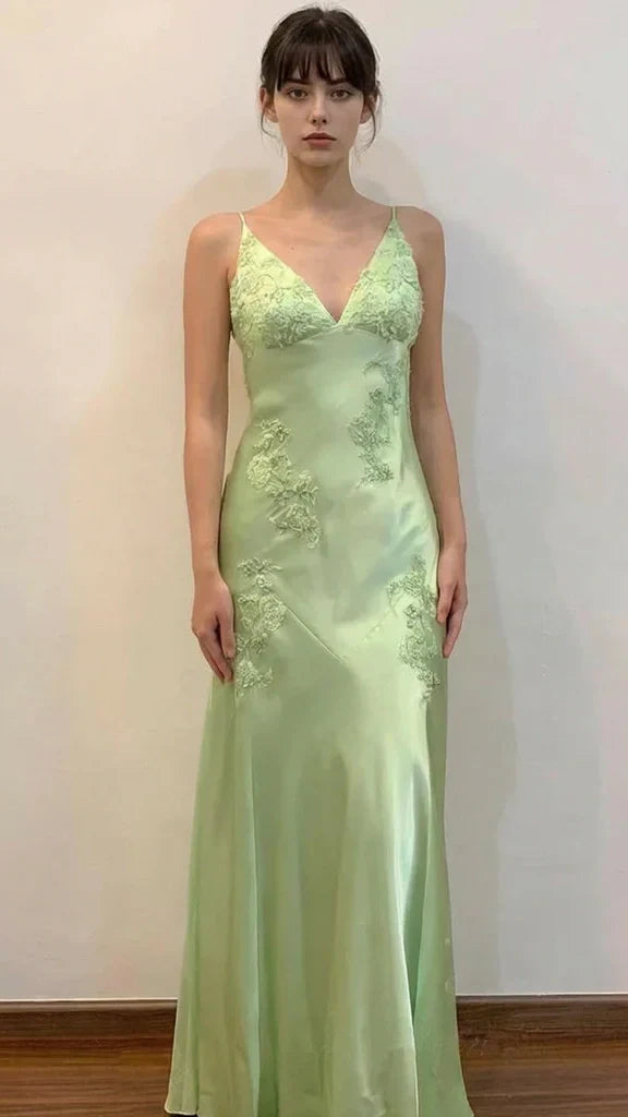 Green Mermaid V Neck Appliques Satin Open Back Long Prom Dress HZ0307