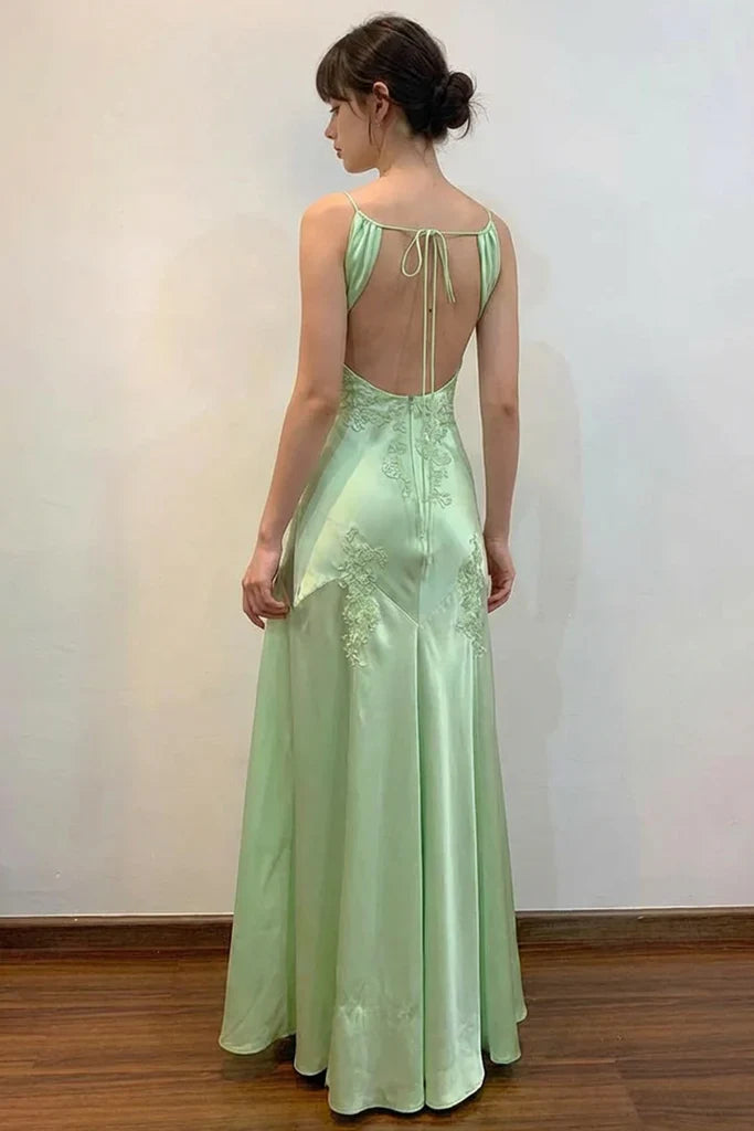 Green Mermaid V Neck Appliques Satin Open Back Long Prom Dress HZ0307