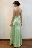 Green Mermaid V Neck Appliques Satin Open Back Long Prom Dress HZ0307