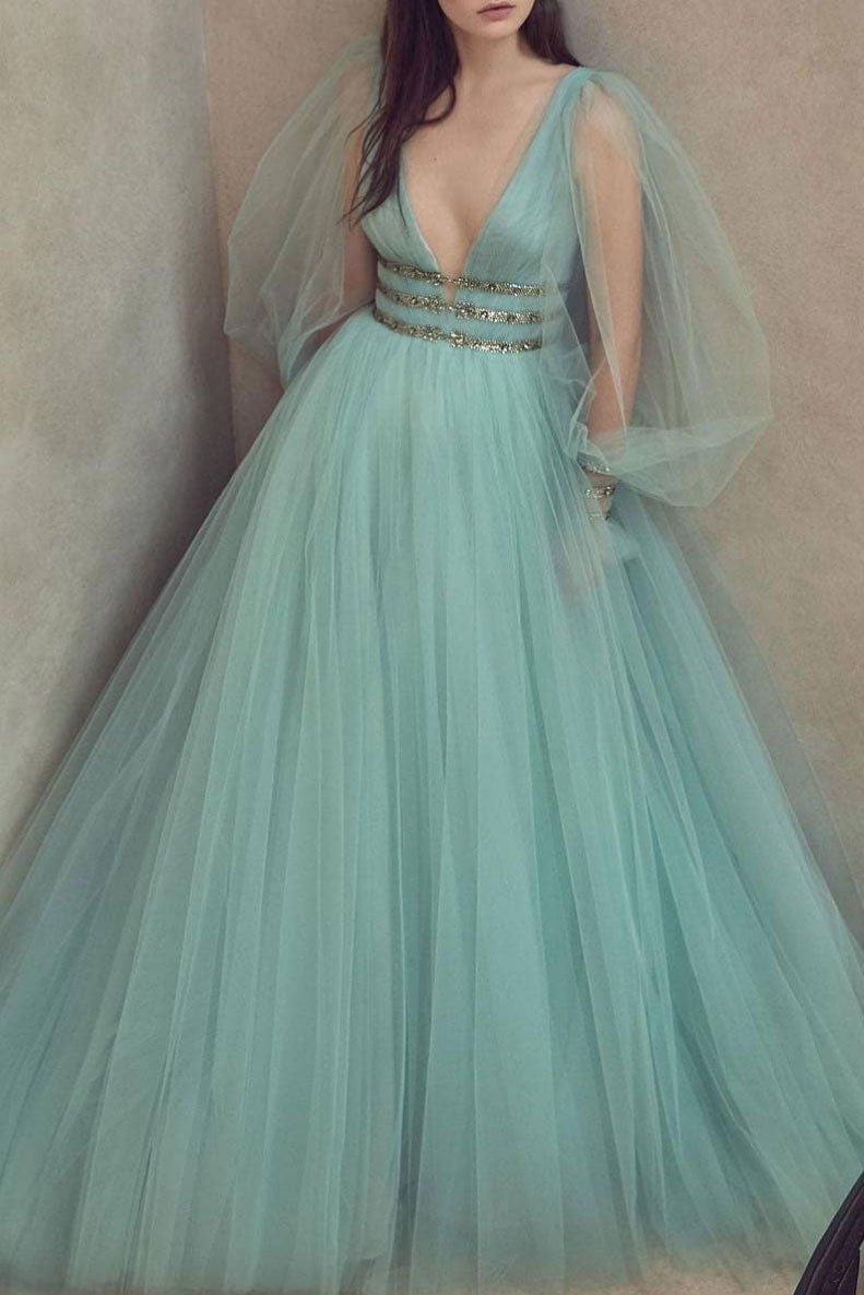 Green Tulle Puff Sleeve Sequin Prom Dress - V-Neck Formal HZ0307