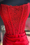 Strapless Appliques Split Red Prom Dress, Long Prom Dress HZ0307