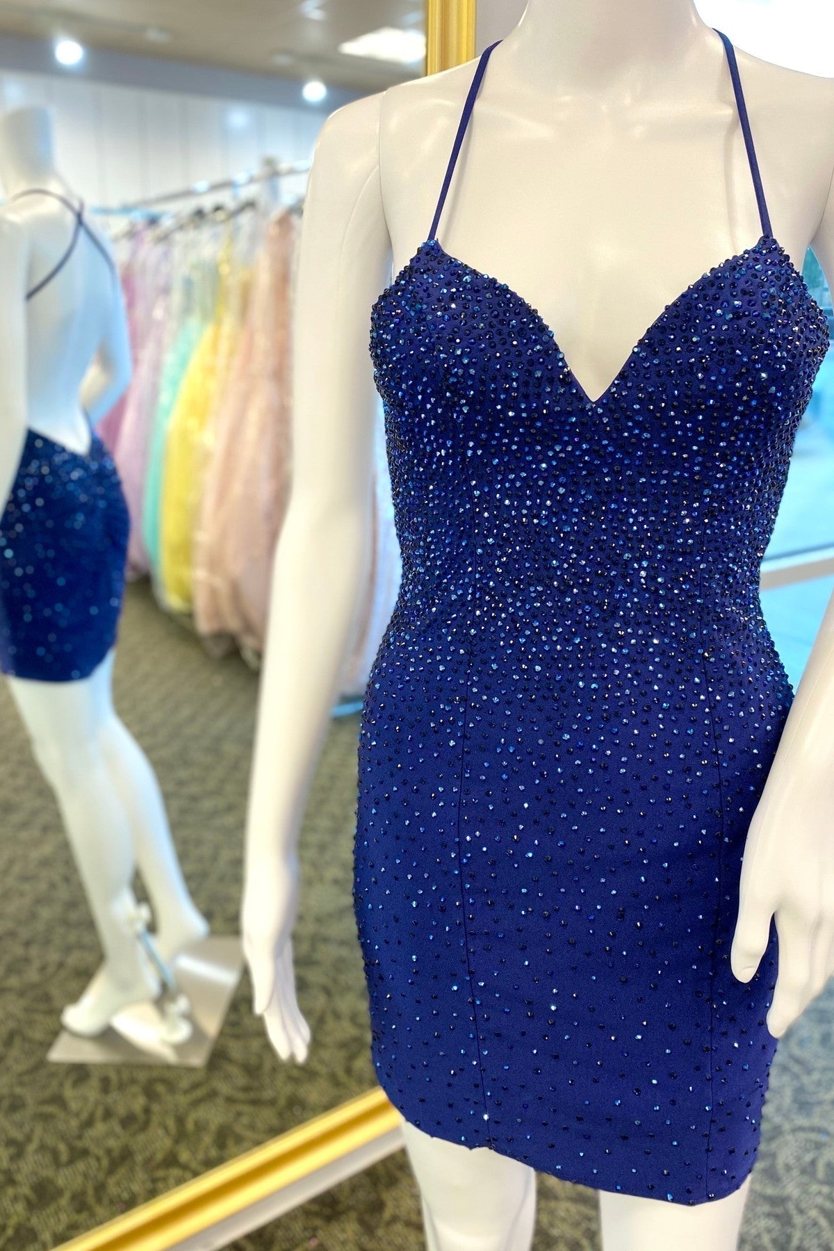 Halter Navy Beaded Bodycon Mini Dress with Cross HZ0307