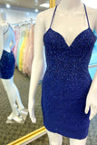 Halter Navy Beaded Bodycon Mini Dress with Cross HZ0307