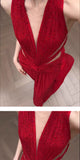 High Quality Red Beaded V-neck Sexy Prom Dresses Sleeveless Evening Party HZ0307