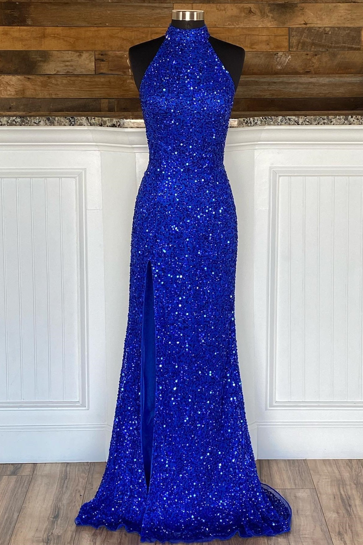 High Neck Royal Blue Sequin Mermaid Long Formal Dress with Detachable HZ0307