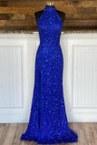 High Neck Royal Blue Sequin Mermaid Long Formal Dress with Detachable HZ0307
