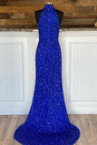 High Neck Royal Blue Sequin Mermaid Long Formal Dress with Detachable HZ0307