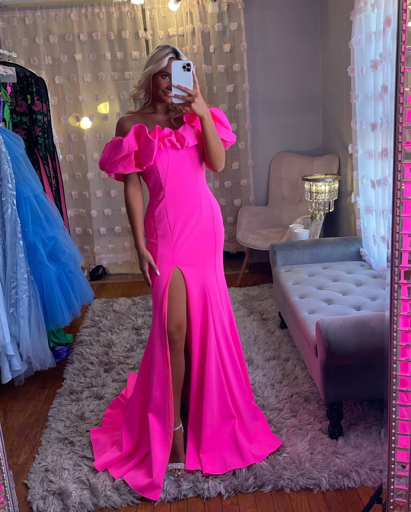 Hot Pink Off the Shoulder Mermaid Long Formal Dress with HZ0307