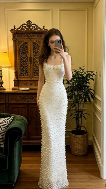 Ivory Pearl Beaded Bodycon Long Prom Dresses Birthday Party HZ0307