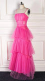 LTP0656,Pink spaghetti straps tulle long prom dress evening dresses ruffles full length HZ0307