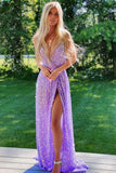 LTP0800,Lavender Sequin Long Prom Dresses Sparkly Split Evening HZ0307