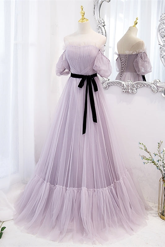 Lavender Soft Tulle Off the Shoulder Long Prom HZ0307