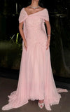 Light Pink Beaded Chiffon Prom Dresses Off The Shoulder Evening Party HZ0307