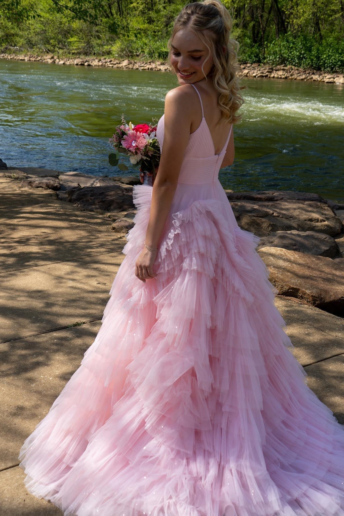 Light Blue Tiered Layers A-line Long Formal HZ0307