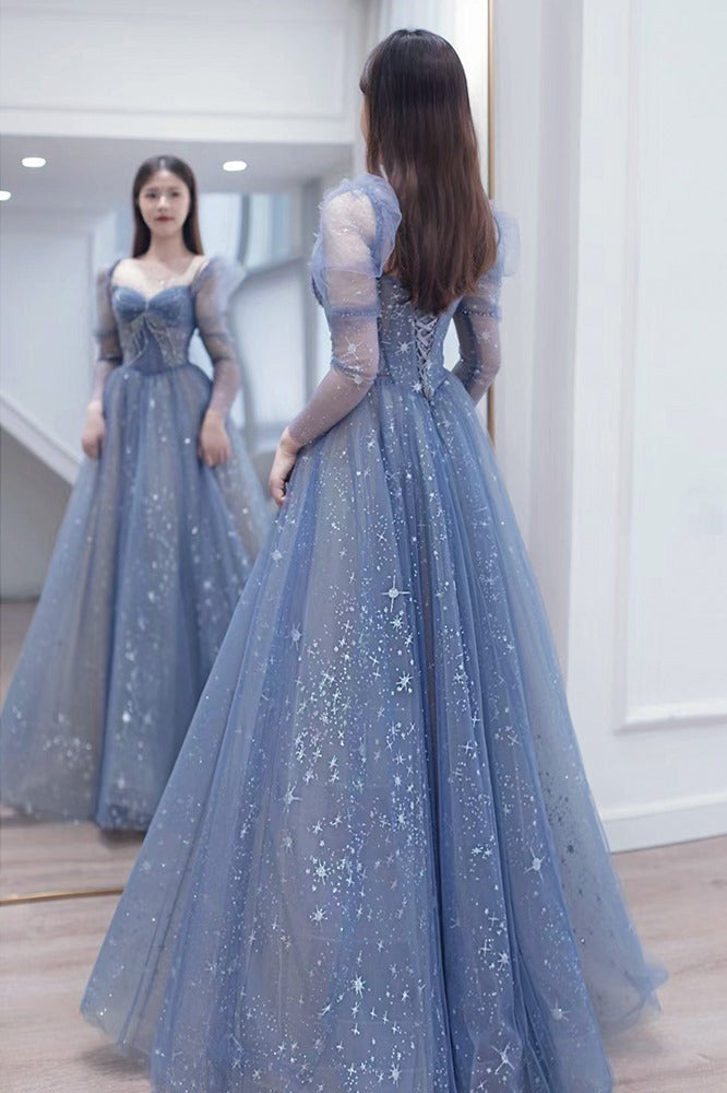 Long Sleeves Blue Beaded Tulle Long Prom HZ0307
