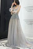 Luxurious Long Sleeves Silver Sequins Long Evening HZ0307