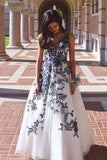 Navy Blue Floral Applique A-Line White Tulle Long Prom Evening HZ0307