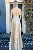 Sexy V-Neck Gold Pleated Sheath Long Formal Prom HZ0307
