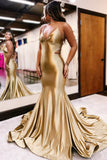 Gold Satin Mermaid Prom Dress With Cross HZ0307