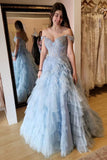 Light Blue Off The Shoulder Prom Dress With Ruffle HZ0307