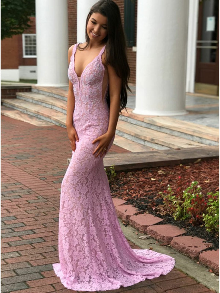 LTP0779,Pink lace mermaid prom dresses v-neck evening formal HZ0307