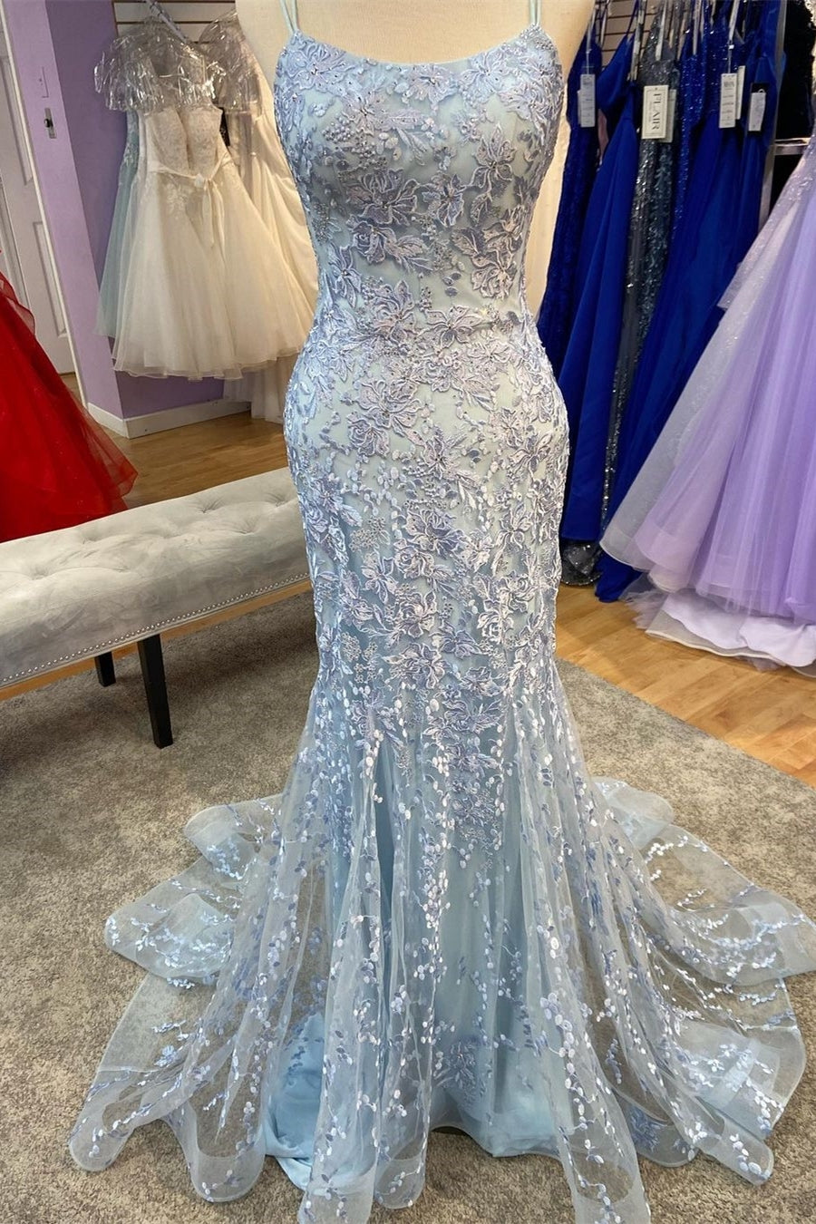 Mermaid Yellow Lace Appliques Straps Long Prom HZ0307