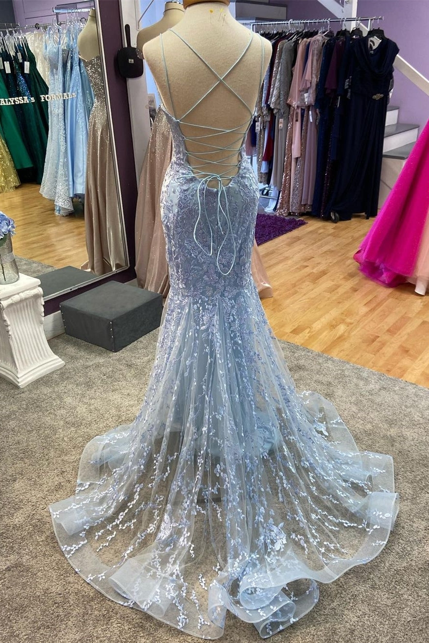 Mermaid Yellow Lace Appliques Straps Long Prom HZ0307