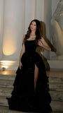 Modern Black Sequin Long Prom Dresses Ruffle Evening Party HZ0307