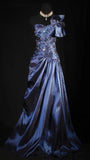 Navy Blue A-Line Prom Dresses Satin One Shoulder Beaded Evening Party HZ0307