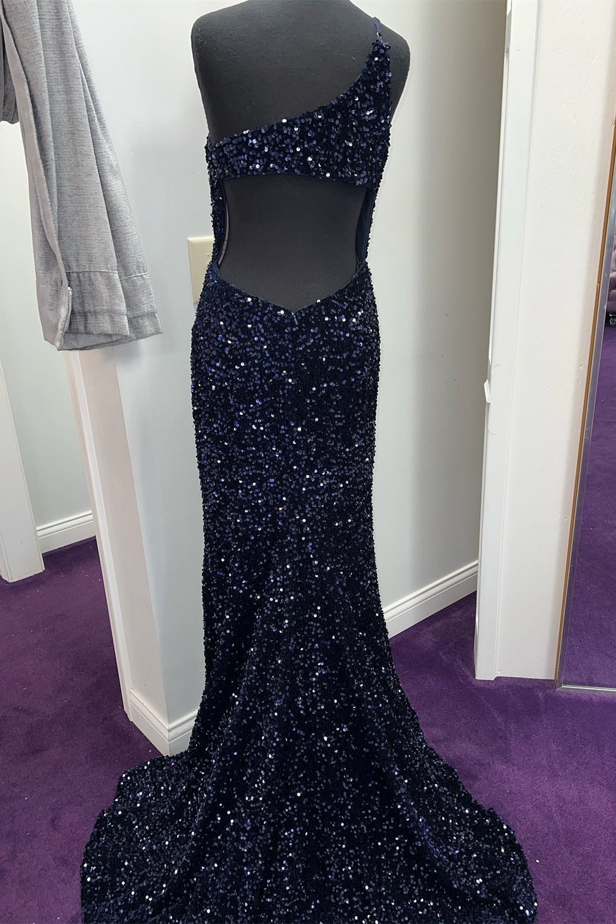 Navy Blue Sequin One Shoulder Mermaid Long Formal HZ0307