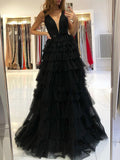 LTP0773,A Line V Neck Black Red Tulle Long Prom Dresses, Black Red Long Formal Evening HZ0307