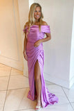 Off The Shoulder Pleated Long Prom Dresses Pink Satin Evening Gown, HZ0307